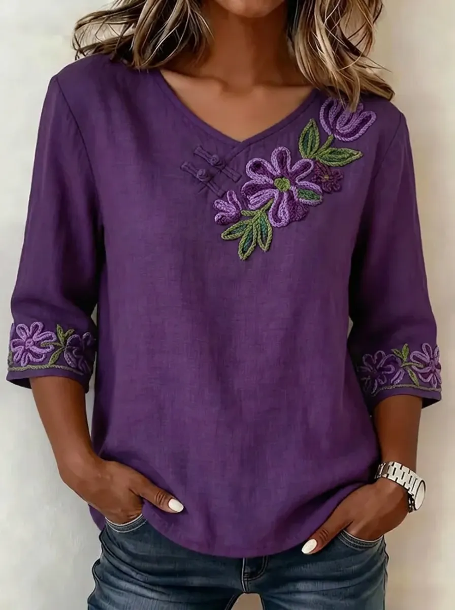 Women's Nashville Floral Embroidery Printed V-neck Top