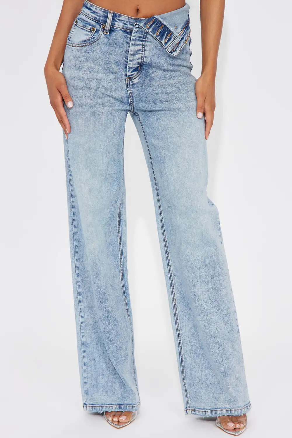 Carri Foldover Waistband Stretch Straight Leg Jeans - Light Wash