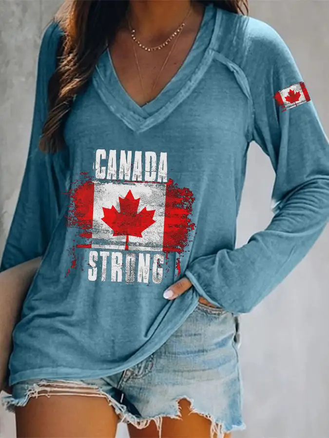 Women's Canada Strong Maple Leaf Flag Print V-Neck T-Shirt