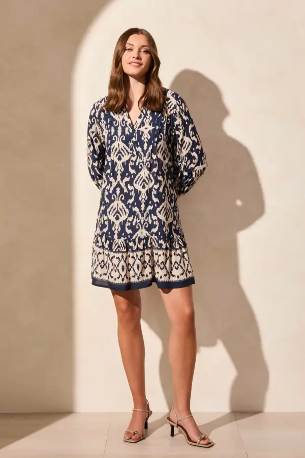 Printed Three-Quarter Sleeve Dress With Bottom Frill-Jet Blue