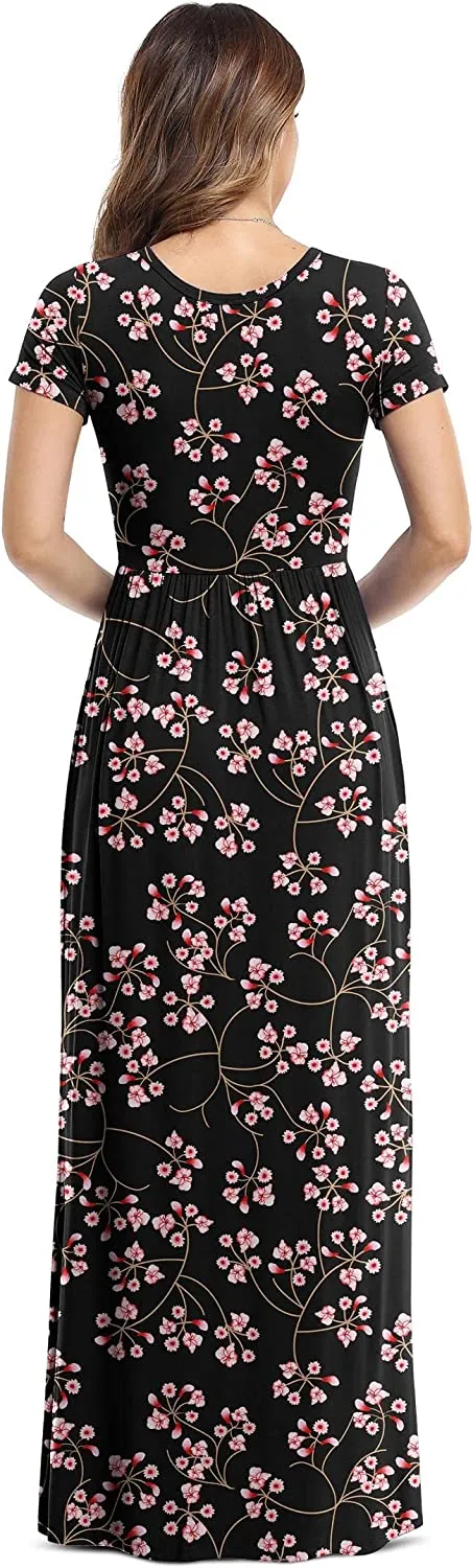 Women's Short Sleeve Loose Plain Maxi Dresses Casual Long Dresses with Pockets