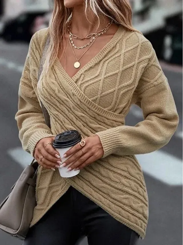 Women's Cable Knit Sweater V Neck Knitted Fall Winter Work Elegant Fashion Daily Long Sleeve Solid Color Pink Camel