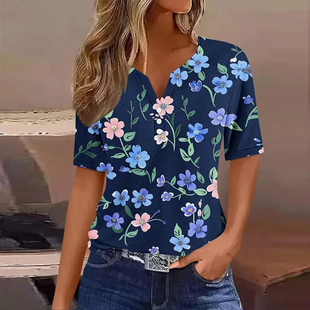 Shirts for Women Casual Printed Summer Tops Short-Sleeved Button V-Neck Tops Blouse Fashion Boho T-Shirts