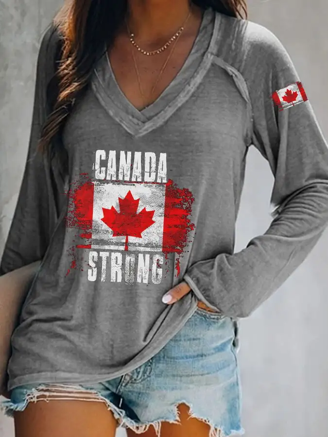 Women's Canada Strong Maple Leaf Flag Print V-Neck T-Shirt