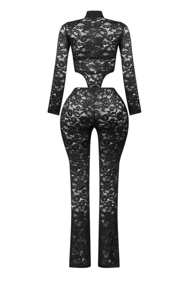 Long Sleeve Guipure Lace Cutout Bodycon Jumpsuit-Black