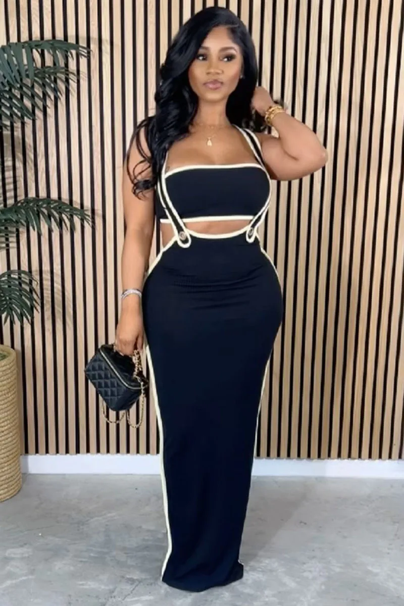 Colorblock Trim Crop Tube Top Bodycon Overall Maxi Dresses Matching Set-Black