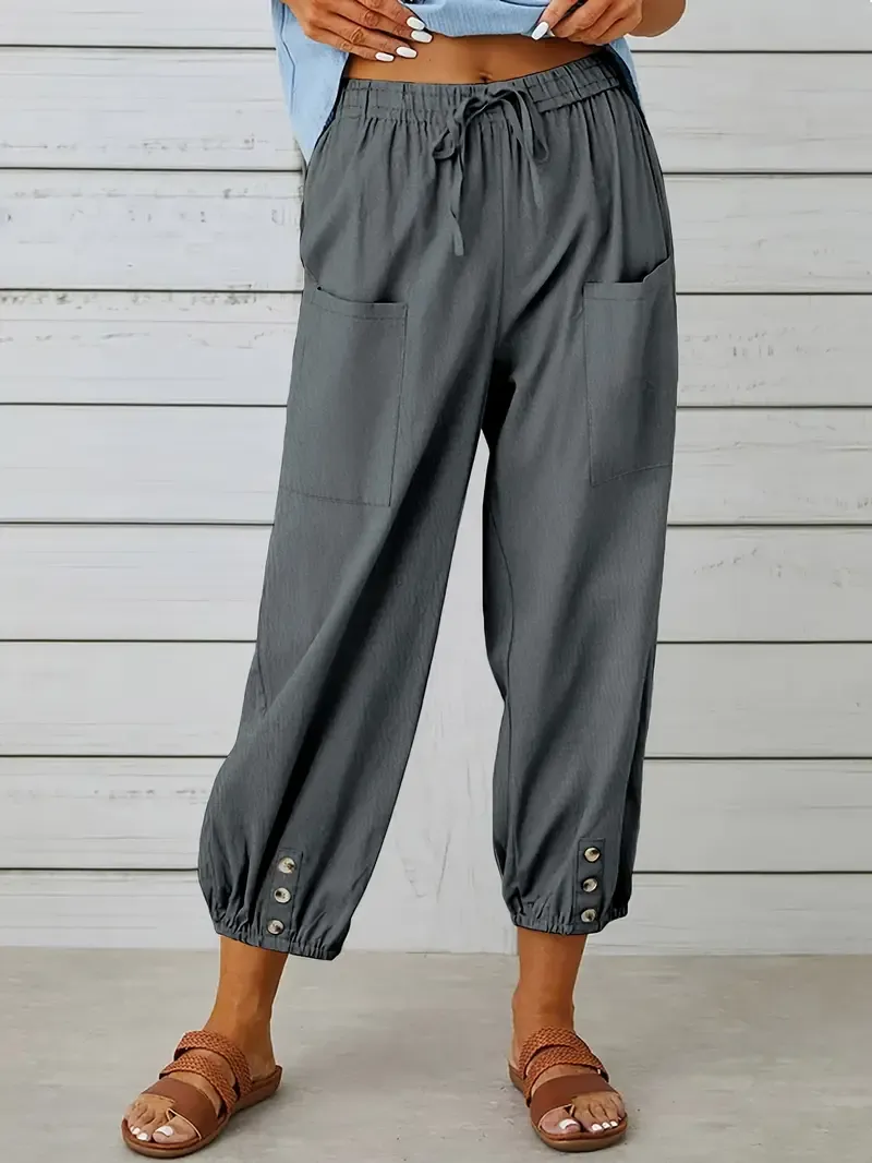 Wide Leg Capri Pants with Drawstring Waist, Loose Casual Women's Pants