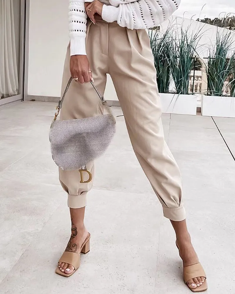 Pleated Detail Button Decor Crop Pants Without Belt
