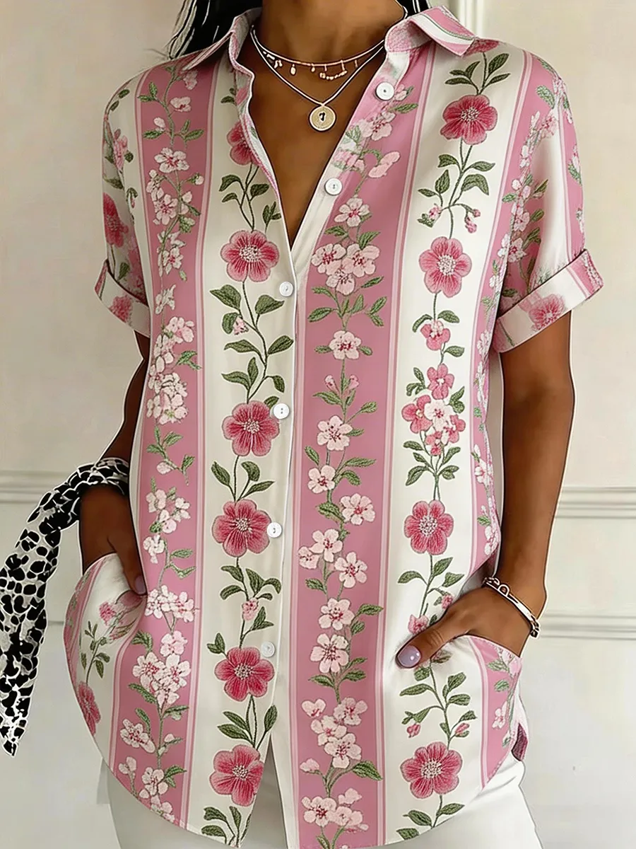 Women's Pink Floral Striped Printed Shirt