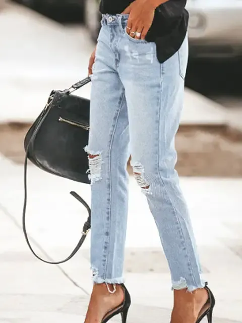 Solid Mid-rise Ripped Casual Jeans
