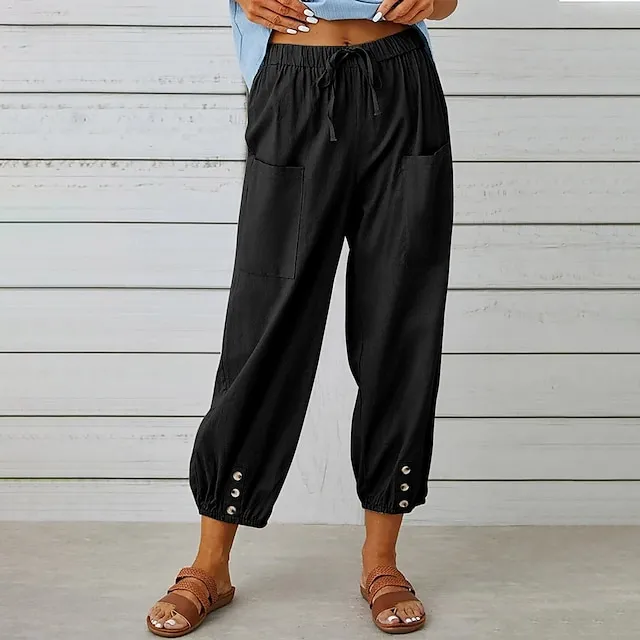 Women's Pants Trousers Linen Cotton Blend Pocket Ankle-Length Black Spring & Summer