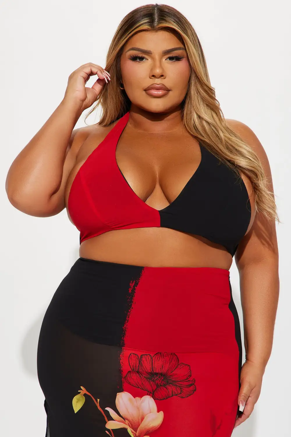 Two Sides Floral Skirt Set - Red/Black