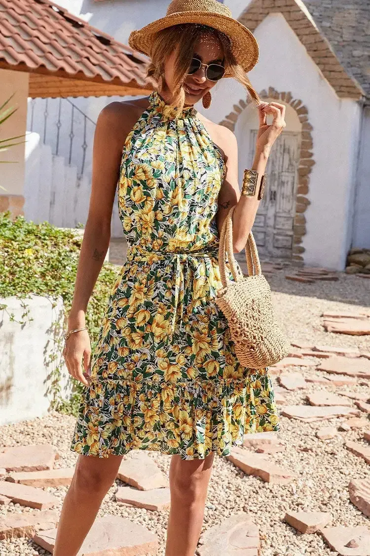 Halter Neck Summer Loose Sleeveless  Ruffle Belt Boho Floral Dress
