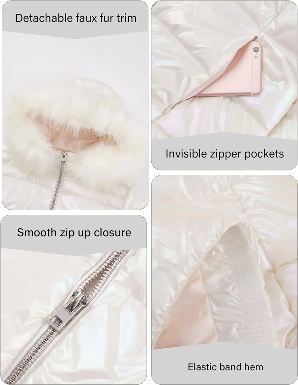 Womens Lightweight Puffer Jacket, Winter Coats for Women Warm Quilted Bubble Padded Hood Coat with Faux Fur Collar