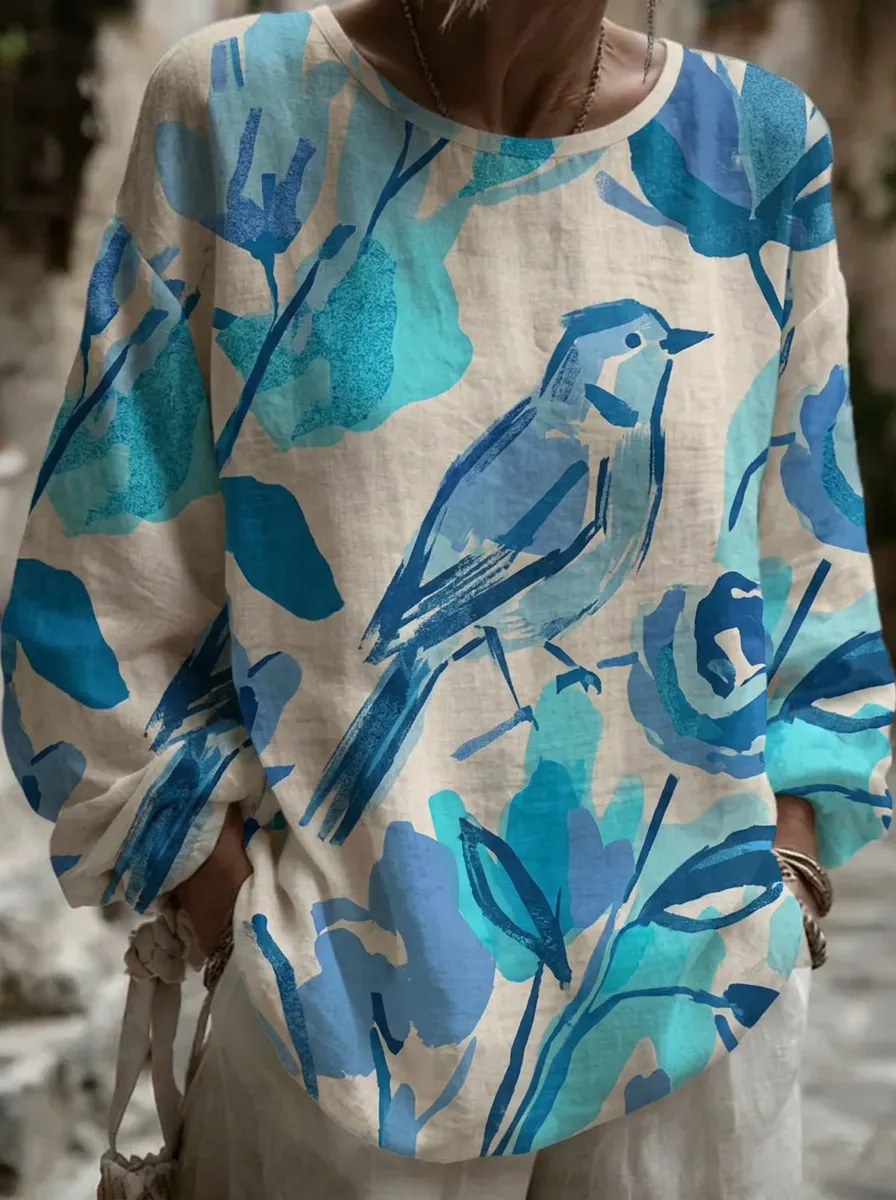 Women's Nashville Nature Lover Blue Bird Floral Printed Top