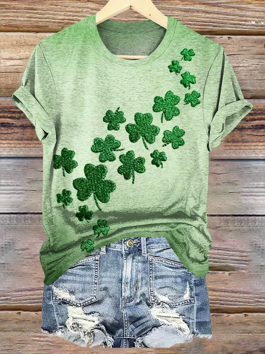 Women's St. Patrick's Day Lucky Clover Pattern Neck-Neck T-Shirt