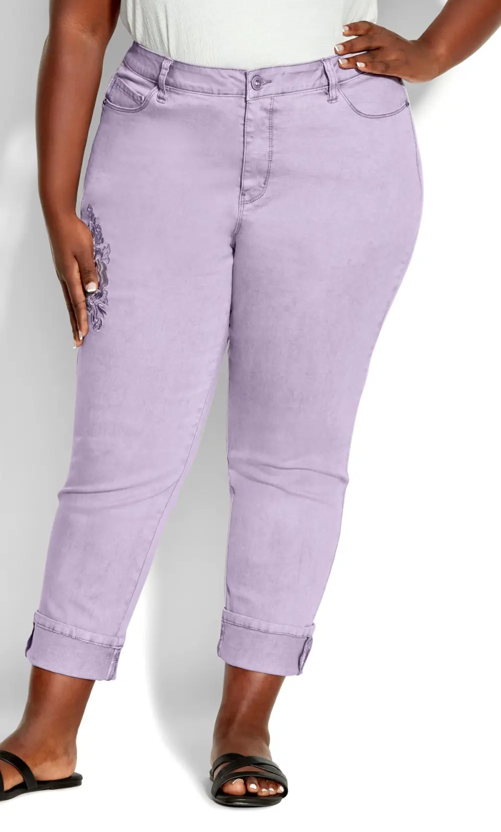 Evans Purple Embroidered Turn Up Denim Jean