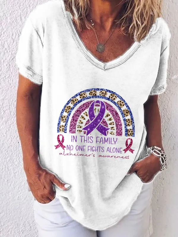 Women'S V-Neck Short-Sleeved T-Shirt In This Family No One Fights Alone Alzheimer'S Awareness Prints
