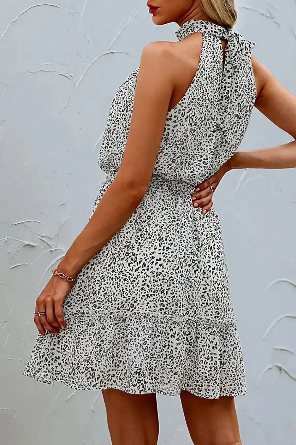 Halter Neck Summer Loose Sleeveless  Ruffle Belt Boho Floral Dress