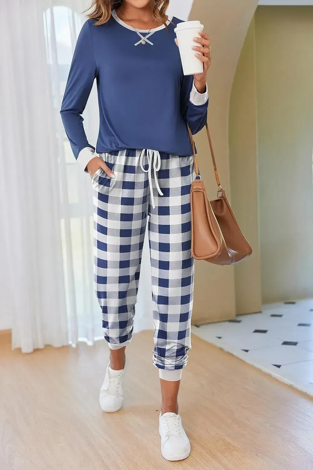 Women's Pajamas Sets Long Sleeve with Plaid Pants Soft Sleepwear O Neck 2 Piece Pjs Joggers Loung Set with Pockets