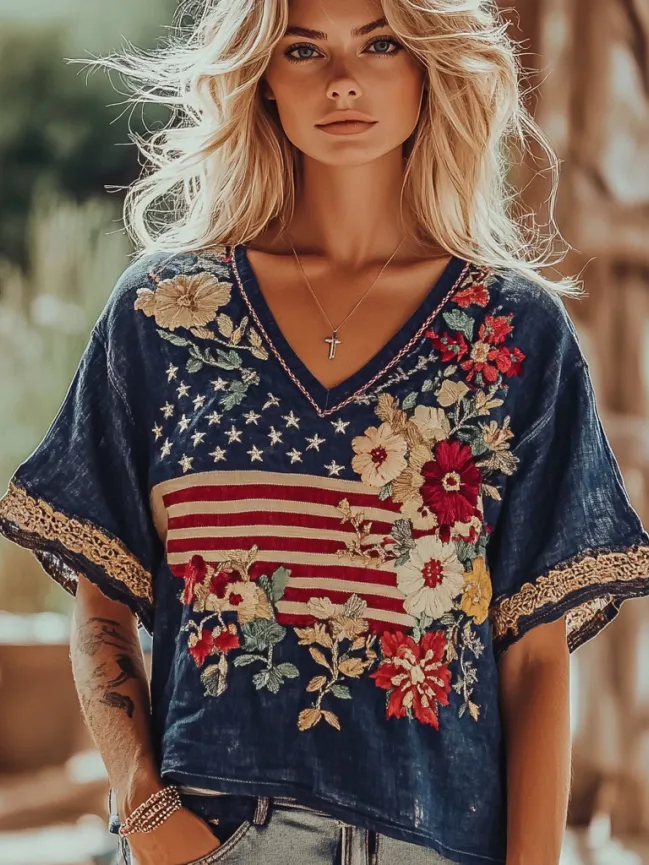 Women's Independence Day Flag Flower Embroidered V-neck Linen Blend T-shirt