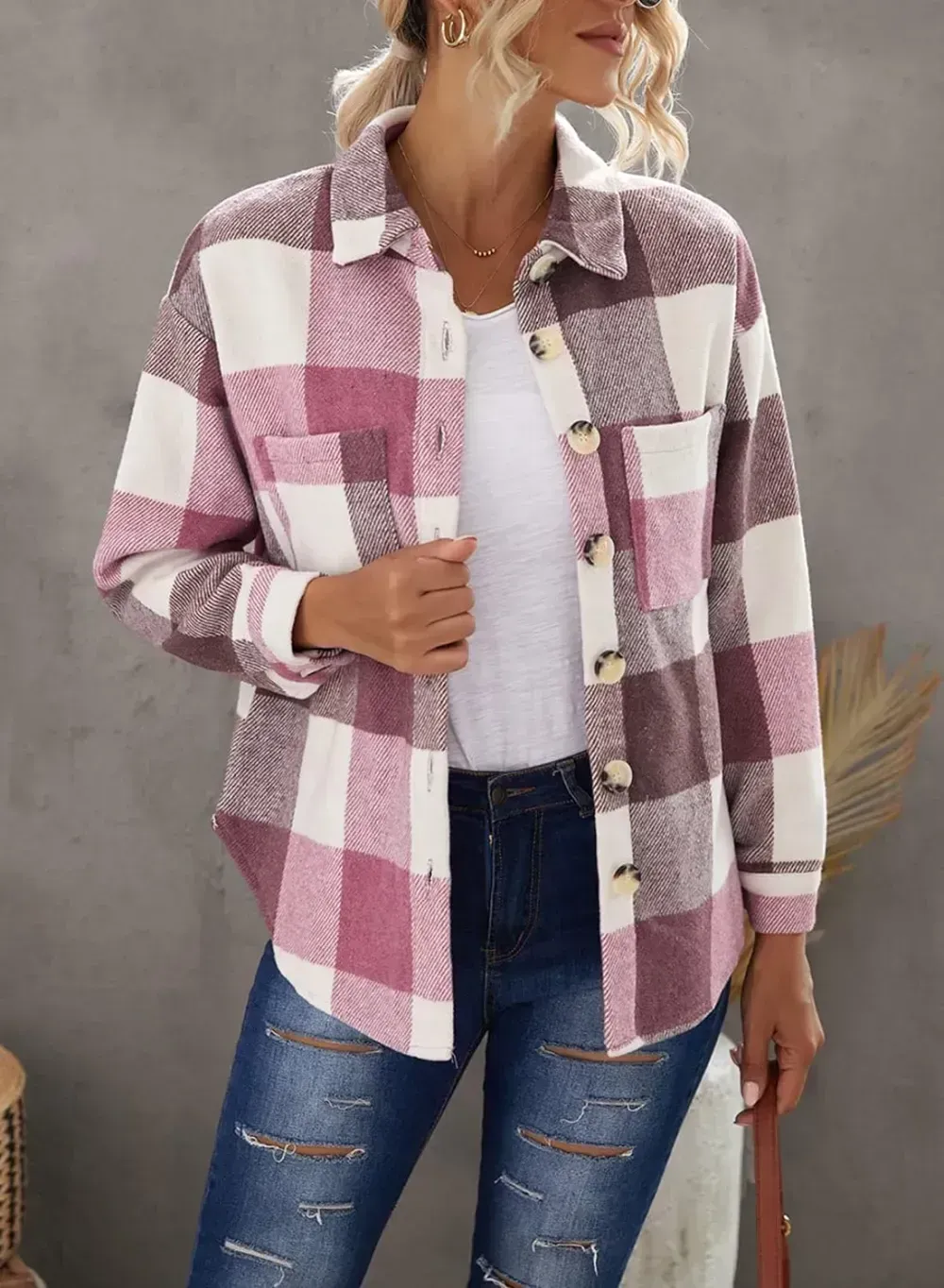 Women's 2023 Fall Clothes Plaid Shacket Jacket Long Sleeve Button Down Flannel Shirts Fashion Blouse