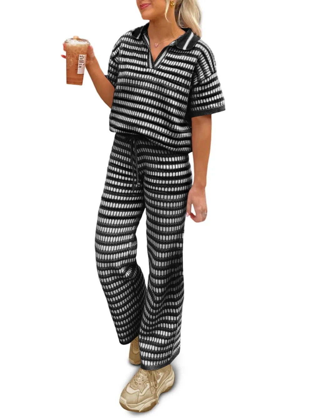 Womens 2 Piece Outfits Striped Short Sleeve Sweater Tops Knit Sets Wide Leg Pants Lounge Set