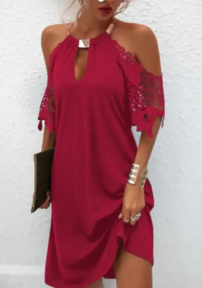 Newtown Metal Hanging Neck Hollow Out Sleeve Dress