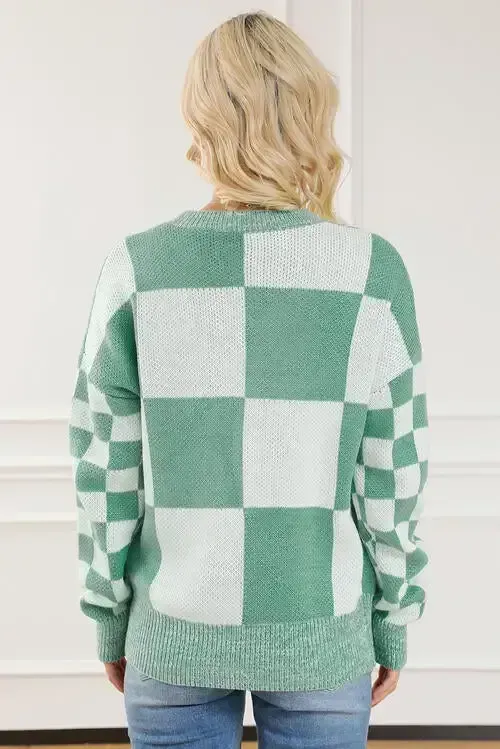 Checkered Drop Shoulder Long Sleeve Sweater AC