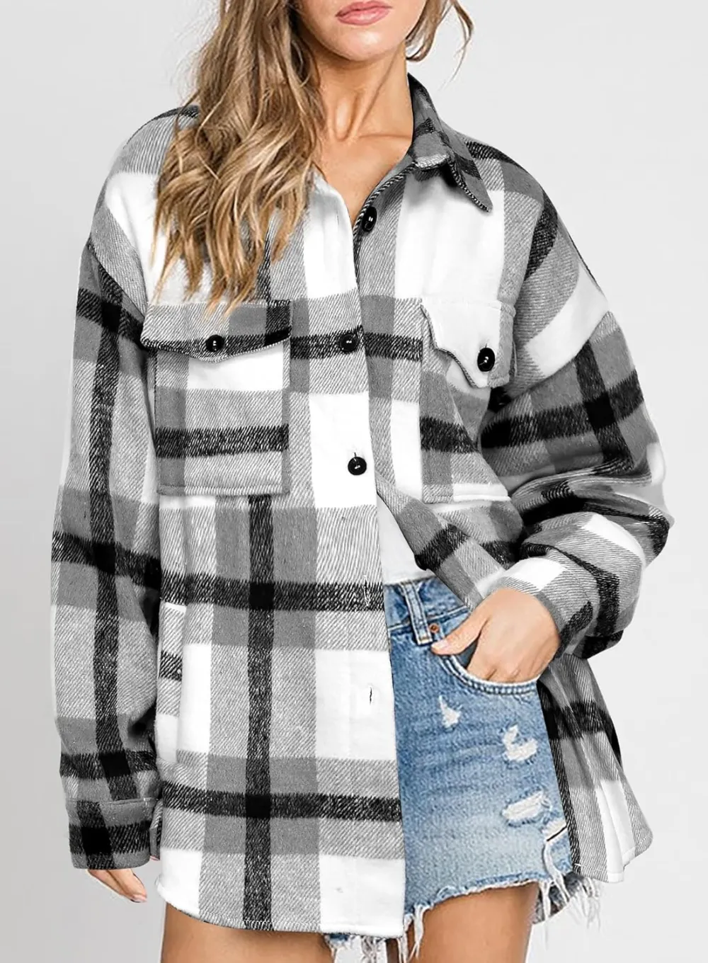 Women's Flannel Plaid Shacket Long Sleeve Button Down Chest Pocketed Shirts Jacket Coats