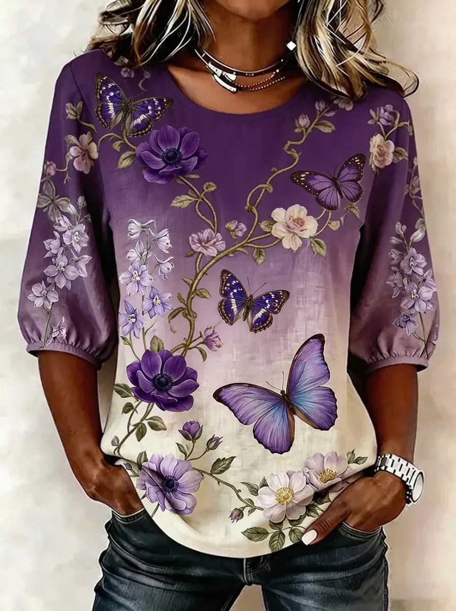 Women's Nashville Butterfly Floral Printed 3/4 Sleeve Top