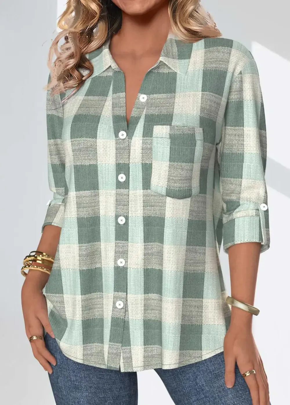Sage Green Button Plaid Three Quarter Length Sleeve Blouse