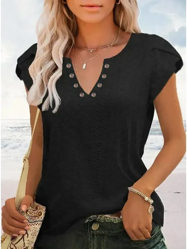 Women's T shirt Tee Light Blue Black White Plain Button Short Sleeve Casual Basic V Neck Regular S