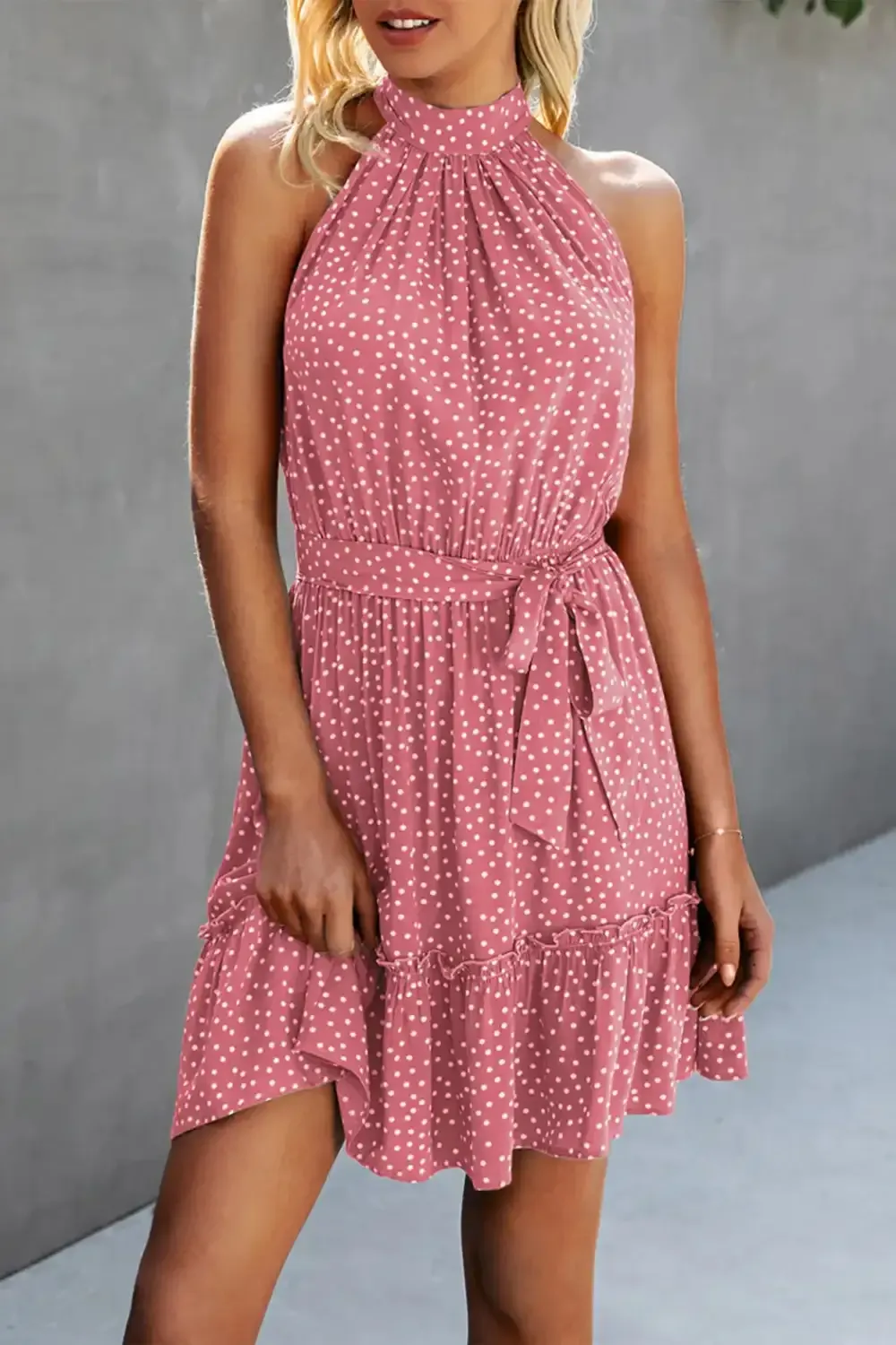 Halter Neck Summer Loose Sleeveless  Ruffle Belt Boho Floral Dress