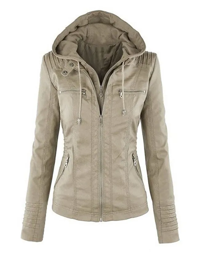 Women's Faux Leather Fall Hoodie Moto Biker Hoodie Jacket Windproof Warm Pocket Sports Solid Color Maillard Outerwear Long Sleeve Winter Fall Black Camel Red Street Casual Daily  M L XL