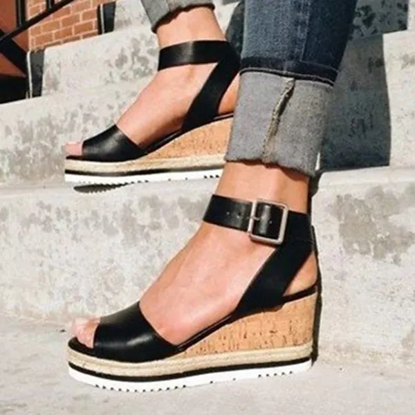Women's Sandals Wedge Sandals Platform Sandals Corkys Sandals Daily Summer Platform Wedge Heel Ankle Strap Heel Peep Toe Casual Faux Leather Buckle Ankle Strap Solid Colored Dark Brown Black White