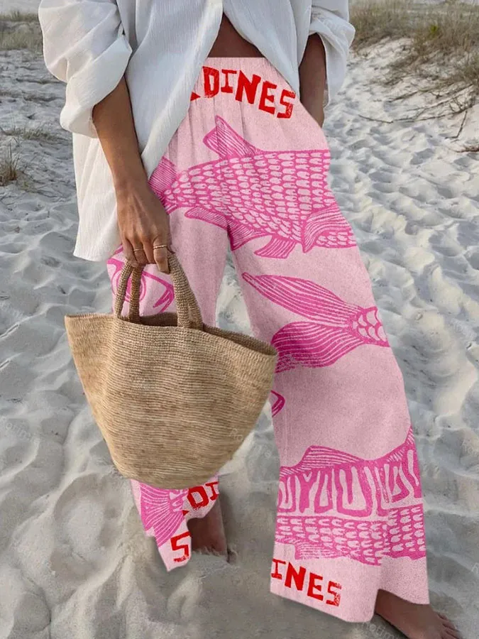 Women'S Retro Fish Pattern Unique Ocean Print Elastic Waist Loose Pocket Casual Pants