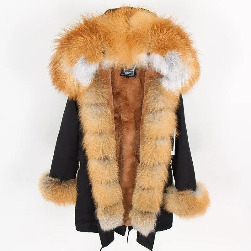 Women's Parka Fox Fur Coats Real Fur Winter Long Black Park Cotton Thick Warm
