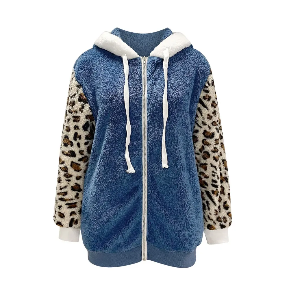 Casual Oversized Leopard-Painted Lambsool Hooded Coat