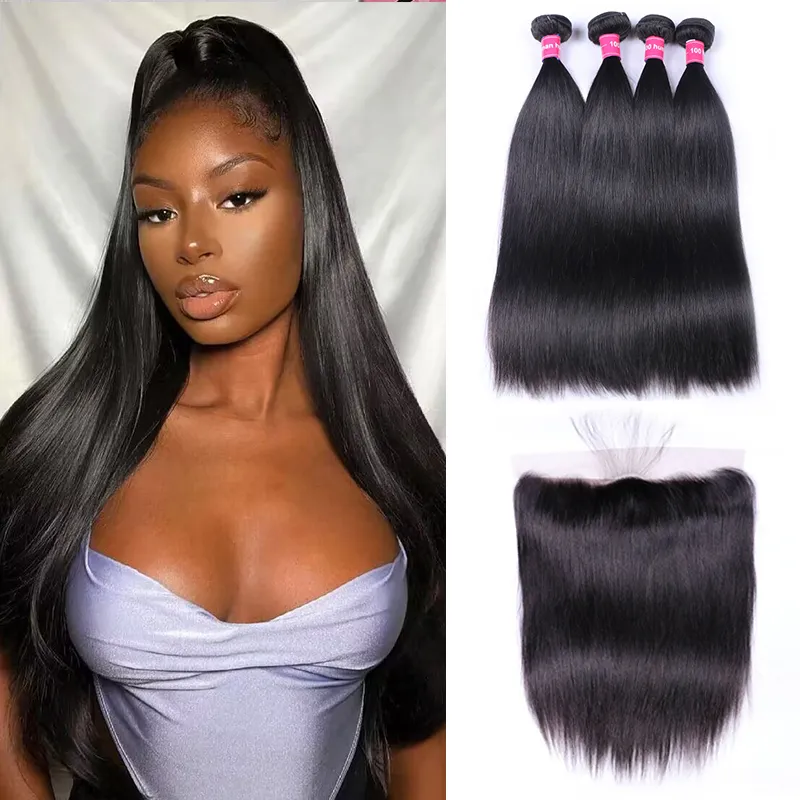 Sterly 13×4 Straight Hair Lace Frontal With 3 Bundles Hair Pre-plucked