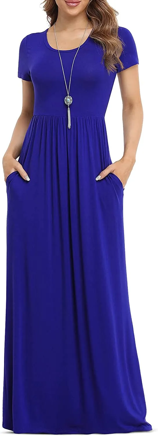 Women's Short Sleeve Loose Plain Maxi Dresses Casual Long Dresses with Pockets