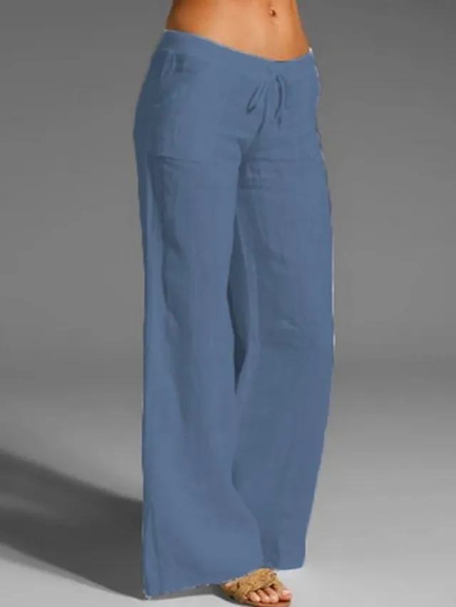 Women's Bootcut Culottes Wide Leg Chinos Cotton Faux Linen Solid Colored Baggy Mid Waist Lightweight Basic Wedding Daily Black White S M Spring &  Fall