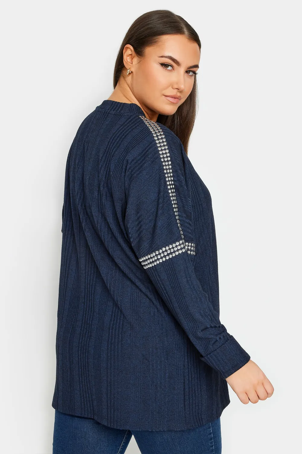 YOURS LUXURY Curve Navy Blue Stud Neckline Embellished Jumper