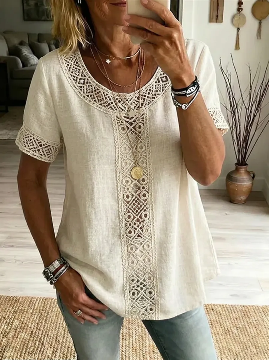 Women's Nashville Country Style Lace Trimmed Linen Blend Top