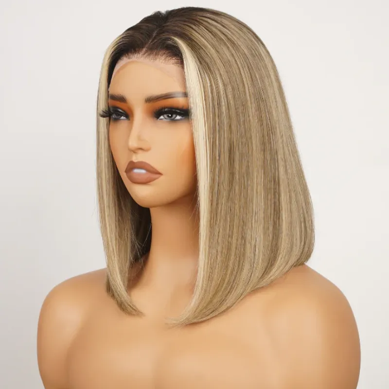 Sterly Ombre Ash Blonde Straight Short Bob Wigs 13×4 Transparent Lace Frontal Wig