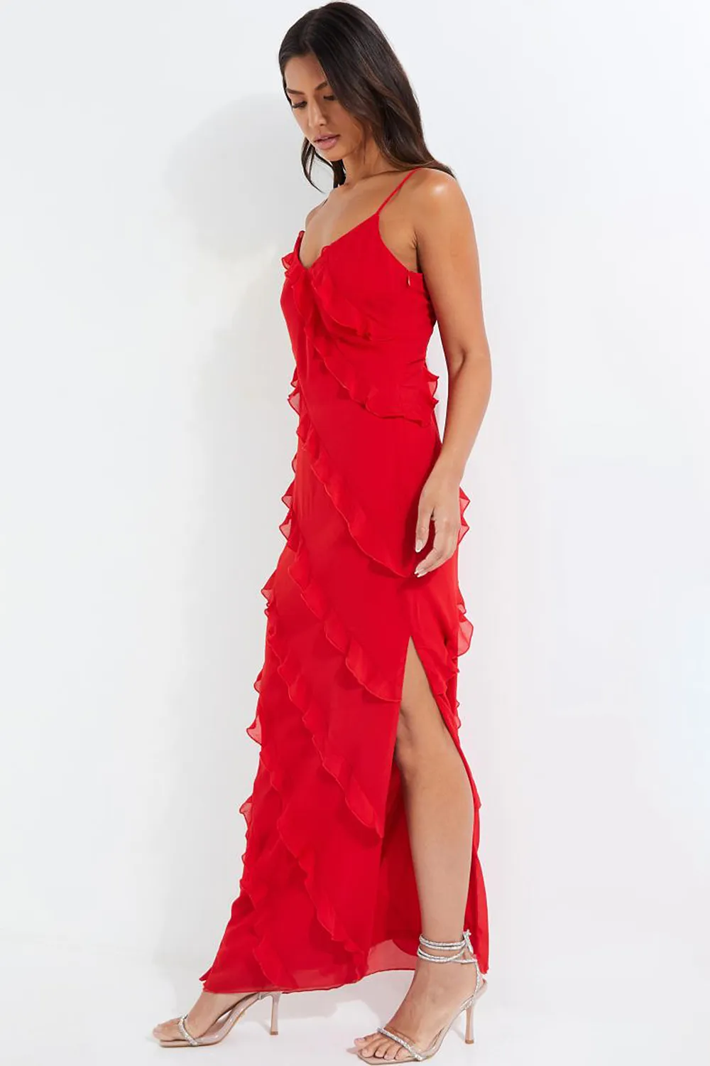 RED CHIFFON RUFFLE MAXI DRESS