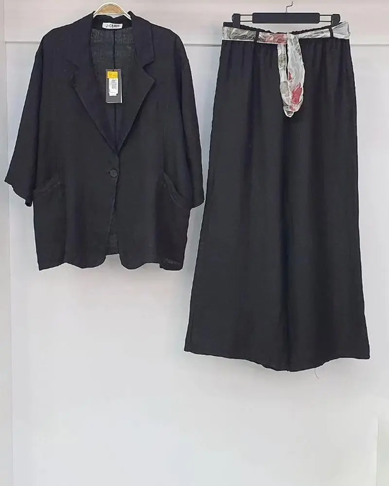 Buttoning Solid Color Jacket Over Wide Leg Pants Two-Piece Set