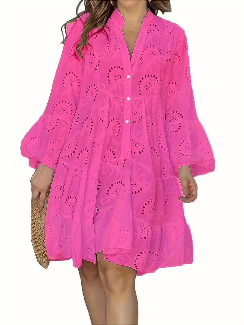 Elegant Green V-Neck Shift Dress with Embroidered Bell Sleeves