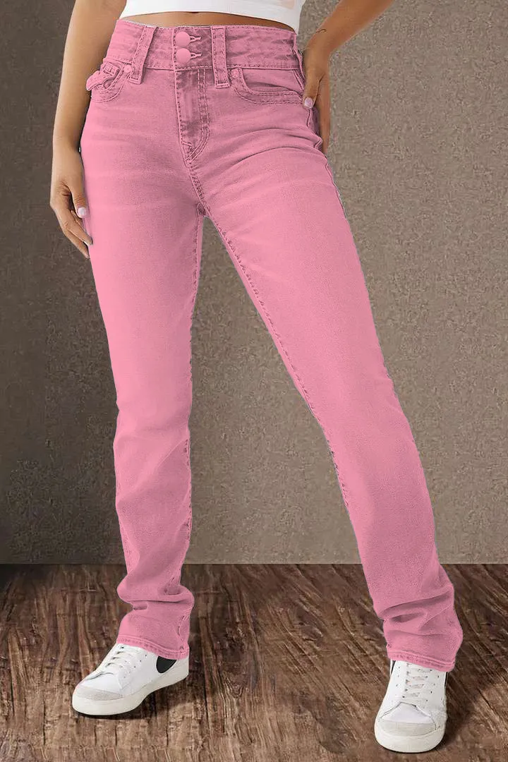 Double Button Mid Waist Straight Leg Jeans