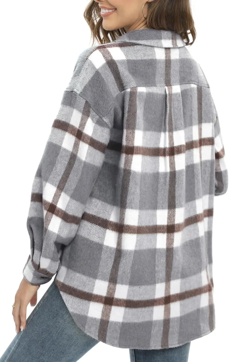 Women's Casual Plaid Flannel Shacket Jacket Oversized Button Down Long Sleeve Fall Shirts Jacket Lapel Coats Tops